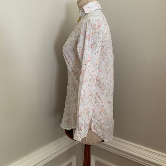 Seaplane Cotton Swiss Dot Split Neck Popover Long Roll Tab Sleeves Blouse XXS - Picture 5 of 12